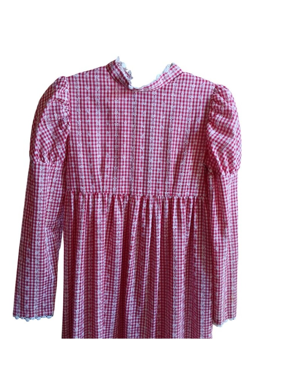 True Vintage Dress XS Gingham 1OF1 Prairie Farm Lace Maxi Handmade 1970's Hippy